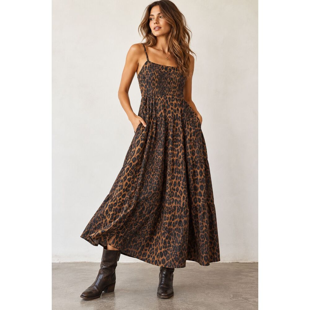 Damson Madder Persephone Leopard Print Midi Dress Organic Cotton Smocked Bow 16